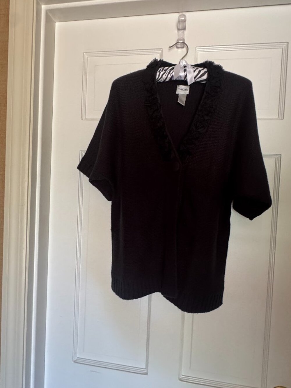 Chicos Black Sweater Faux Fur V-Neck Open Front Short Sleeve